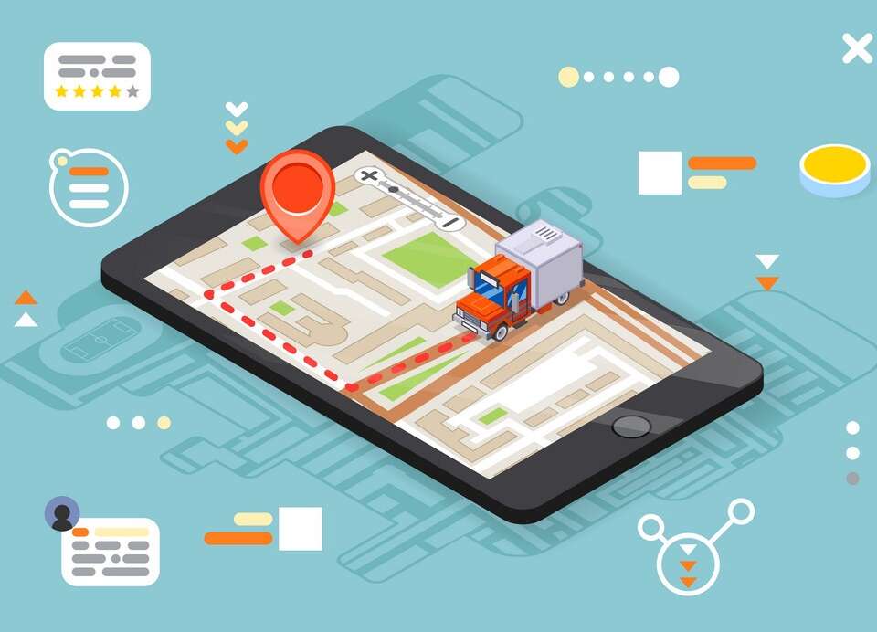 Logistic mobile delivery tracking app isometric 3d smartphone truck pin city street map flat design vector illustration